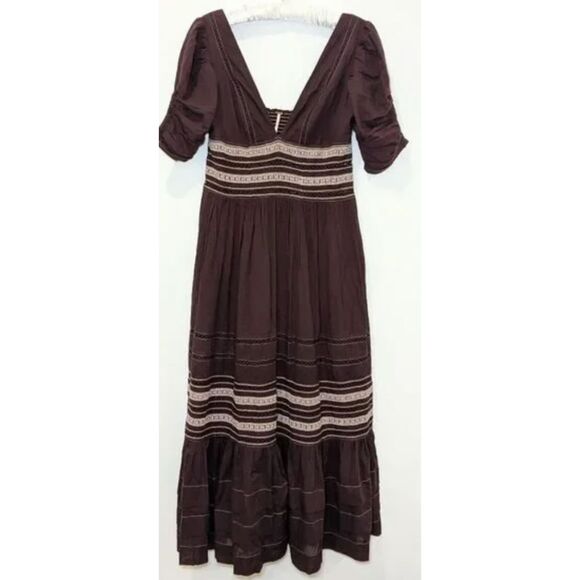 Free People Delicacy Peasant Embroidered Boho Brown Cotton Dress. size 4 - Picture 4 of 4
